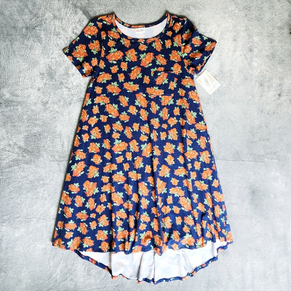 LuLaRoe Blue Orange Floral Large Print High Low Hem Carly Midi Dress